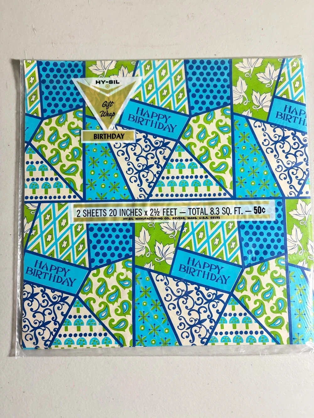 Vintage Hi-Sil Teal & Green Mushroom Paisley gift wrap 2 Sheets 8.3 Sq.Ft